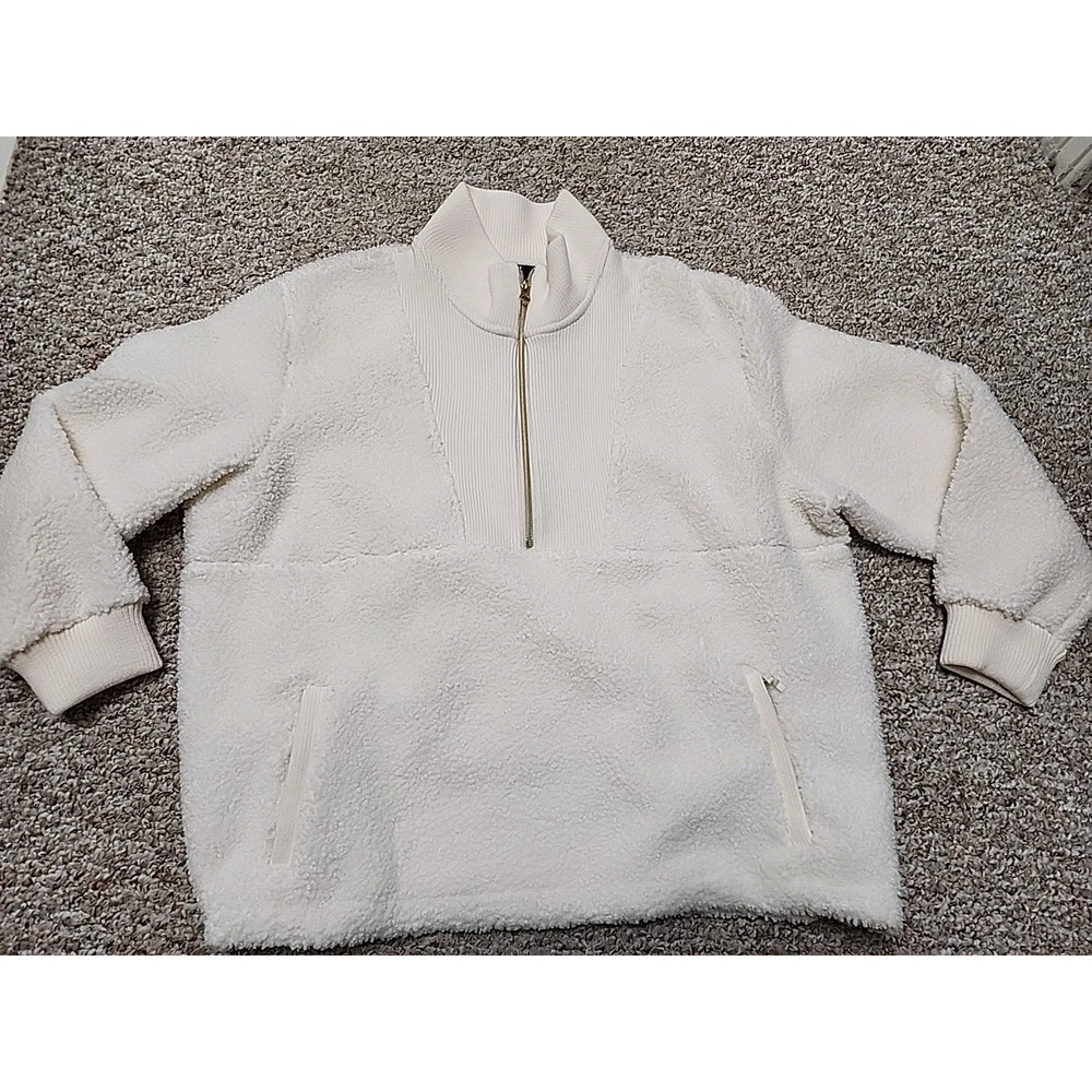 Lands End Womens Sherpa 1/2 Zip Ivory XL -18 Pockets Thick Chunky Relaxed Fit